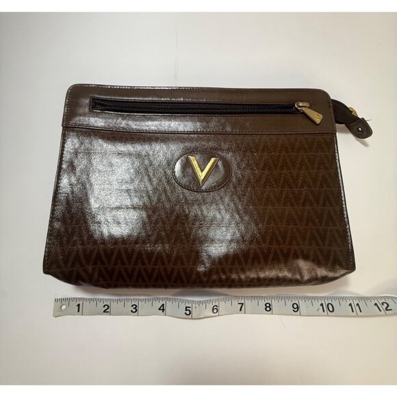 Authentic Valentino Brown Leather Monogram‎ Clutch Bag With Gold V Logo & Zipper - Picture 3 of 11